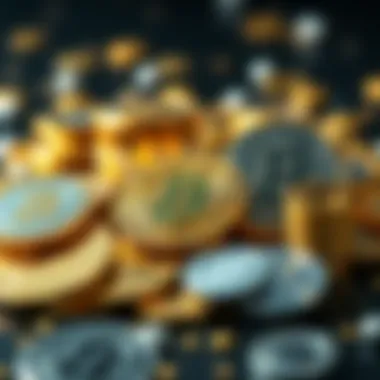 An illustration of gold and silver coins alongside digital cryptocurrency symbols