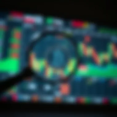 A magnifying glass over a digital stock market screen.