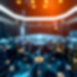 A digital representation of a blockchain network showing interconnected nodes