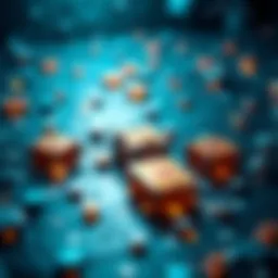 Visual representation of blockchain mining with interconnected blocks and a network.