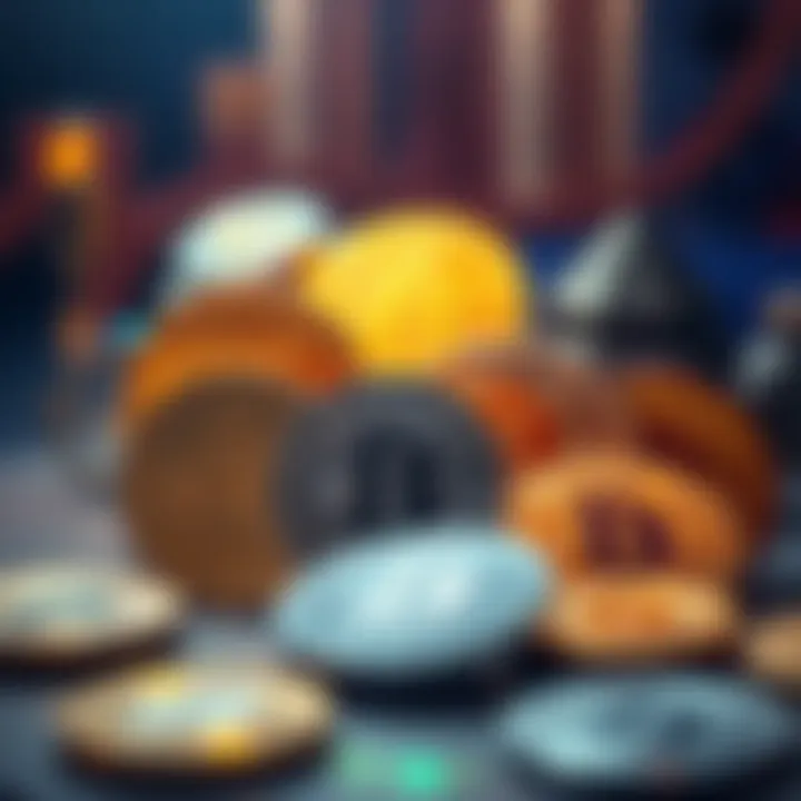 Diverse Designs of Cryptocurrency Icons Stylized representation of various crypto coins showcasing their unique designs