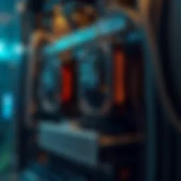 A detailed view of a mining rig showcasing multiple GPUs and cooling systems