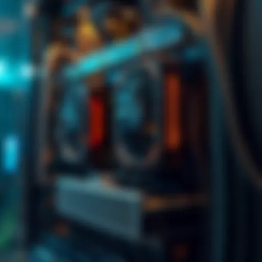 Mining Rig Architecture A detailed view of a mining rig showcasing multiple GPUs and cooling systems