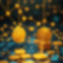 Conceptual illustration of gold money tokens interconnected with digital blockchain elements
